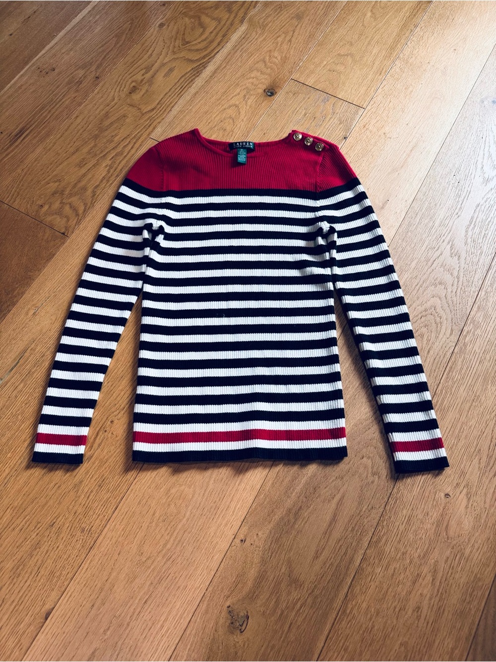 Lauren Ralph Lauren Green label red black & white preppy striped sweater M